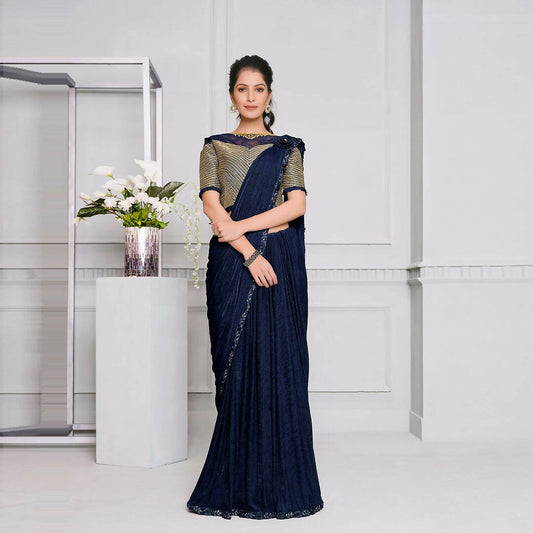 Navy Blue Lycra Cord And Sequins Embriodery Saree - Mohmanthan Izzara