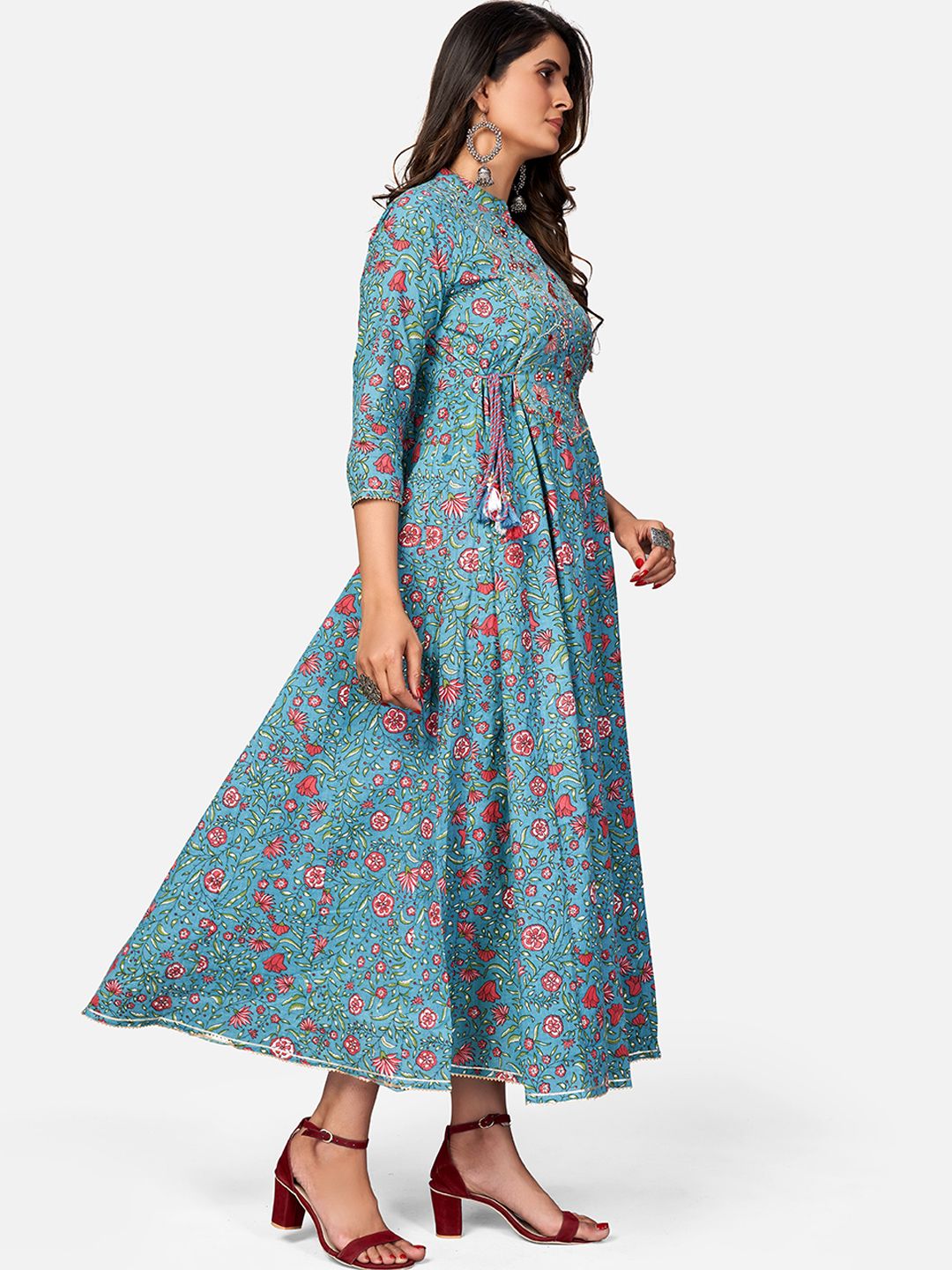 NOZ2TOZ Women's Printed & Embroidered Anarkali Cotton Turquoise Kurta (1Pc) 