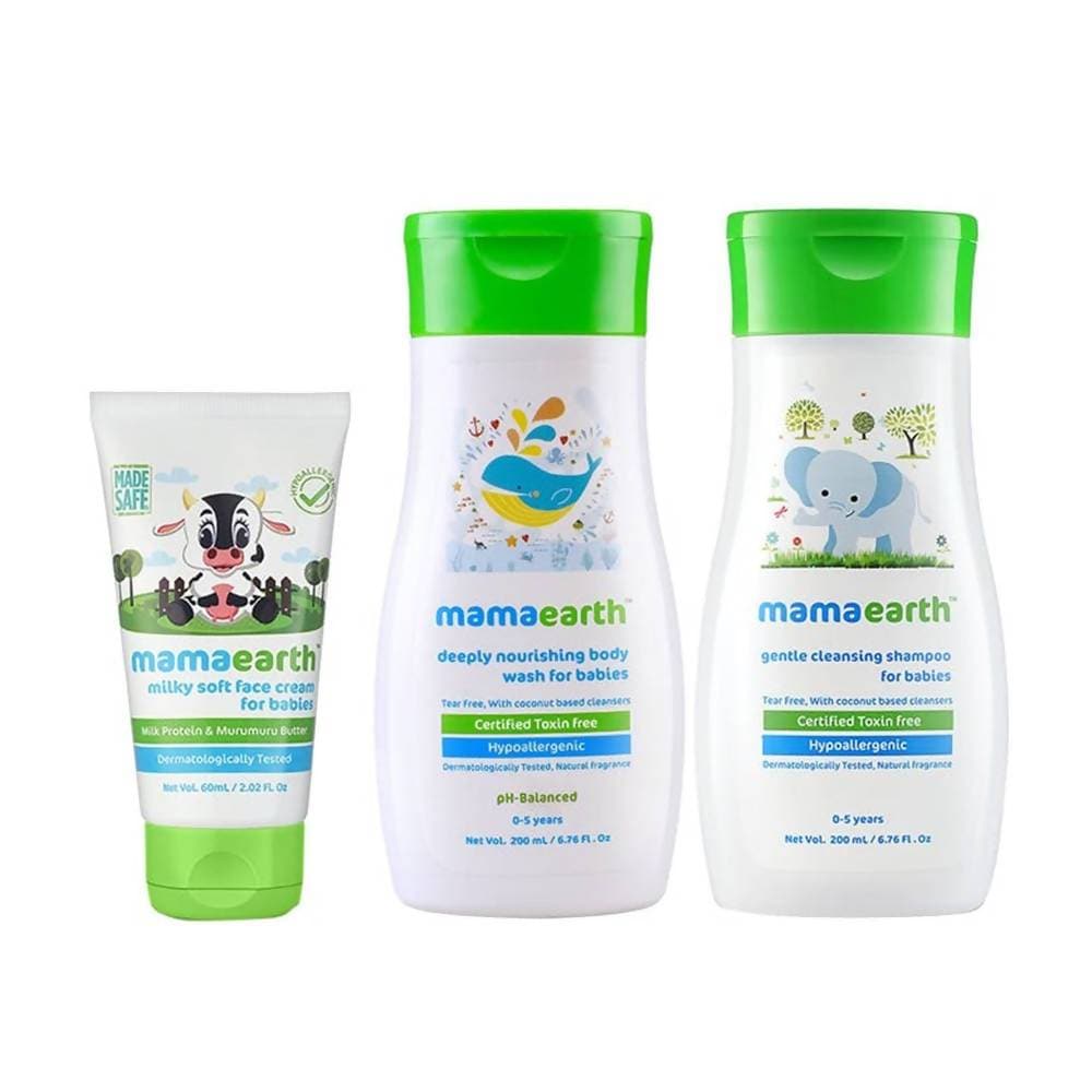 Mamaearth Gentle Cleansing Shampoo And Deeply Nourishing Body Wash And Milky Soft Face Cream For Kids 