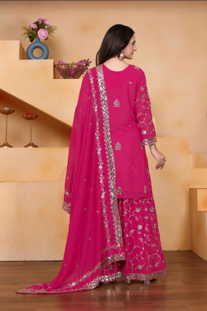 Lehenga Mart Designer Sharara Suit With Kurta, Sharara, Dupatta For Women-Rani Pink
