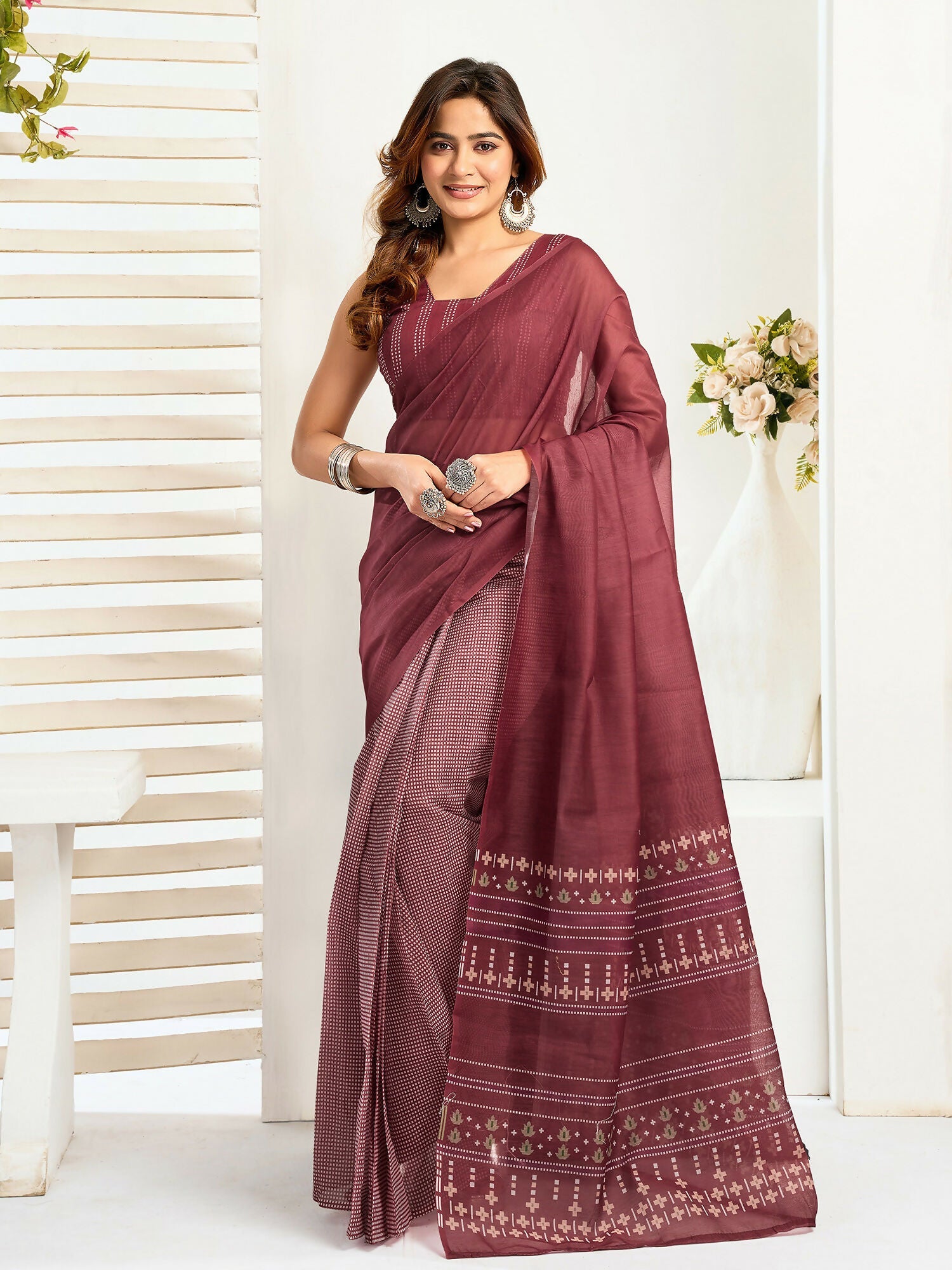 Joban Fashion Maroon Ethnic Motifs Linen Ready To Wear Saree With Unstitched Blouse