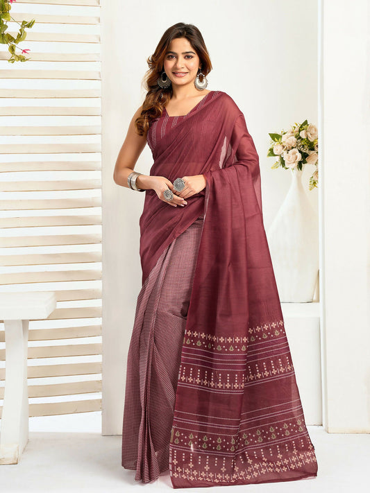 Joban Fashion Maroon Ethnic Motifs Linen Ready To Wear Saree With Unstitched Blouse