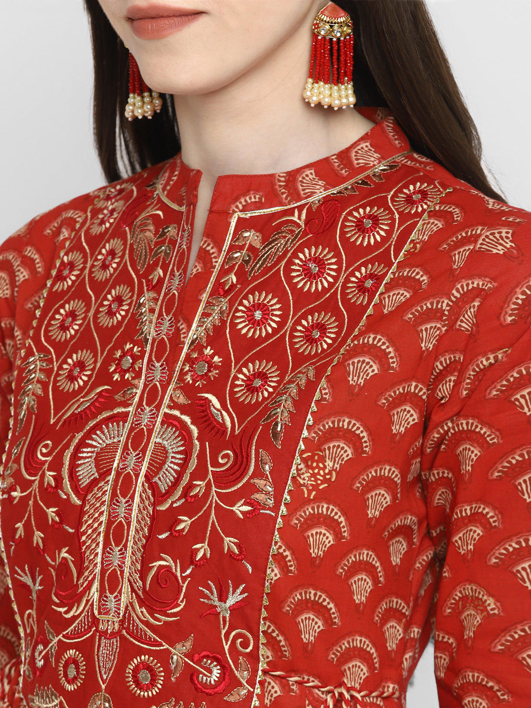 NOZ2TOZ Women's Embroidered & Printed Anarkali Cotton Red Kurta 