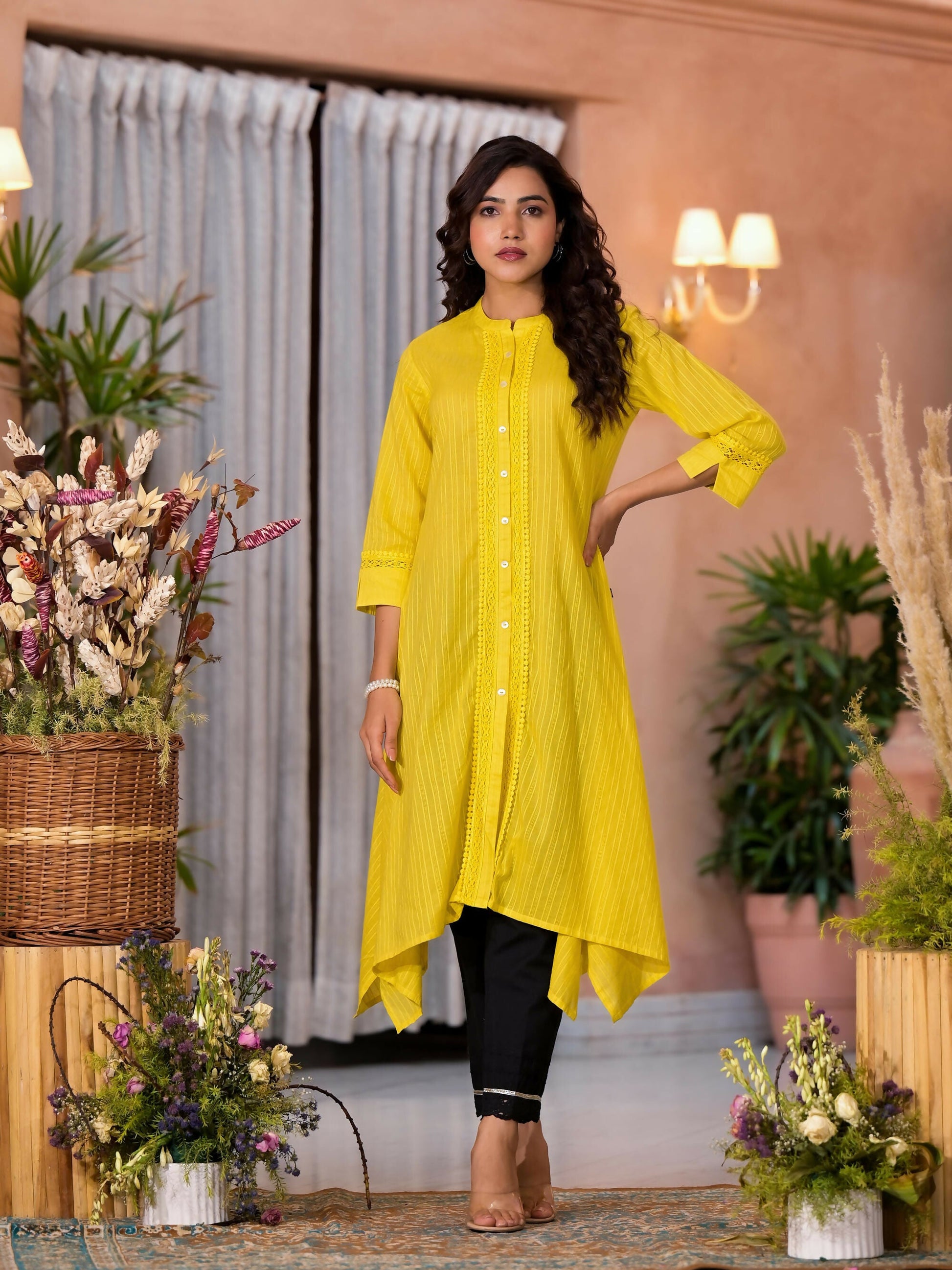 Juniper Women's Yellow Thread Embroidered Cotton Asymmetrical Kurta With Button Closure