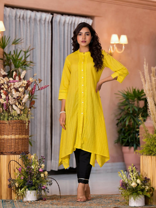 Juniper Women's Yellow Thread Embroidered Cotton Asymmetrical Kurta With Button Closure