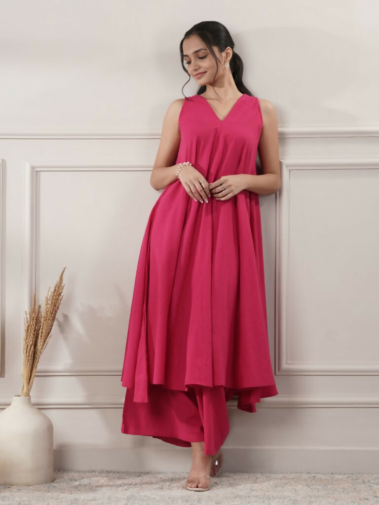 Joban Fashion Women's Fuchsia Cotton A-Line Midi Dress With Pants