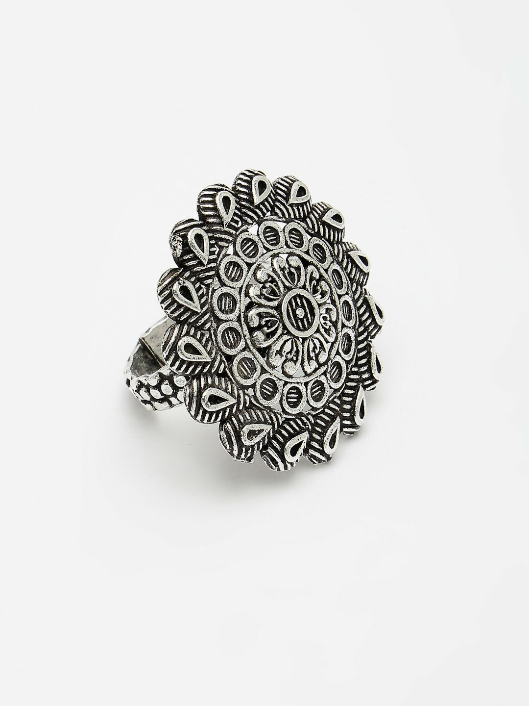 NVR Women's Silver-Toned Floral Shape Adjustable Finger Ring 