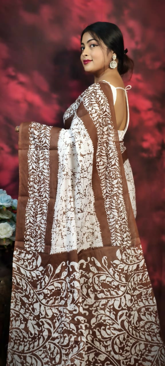 Exclusive Collection Beautiful Batique Print Brown Pure Cotton Hand Print Handloom Grab2Buy With Running Blouse Piece 