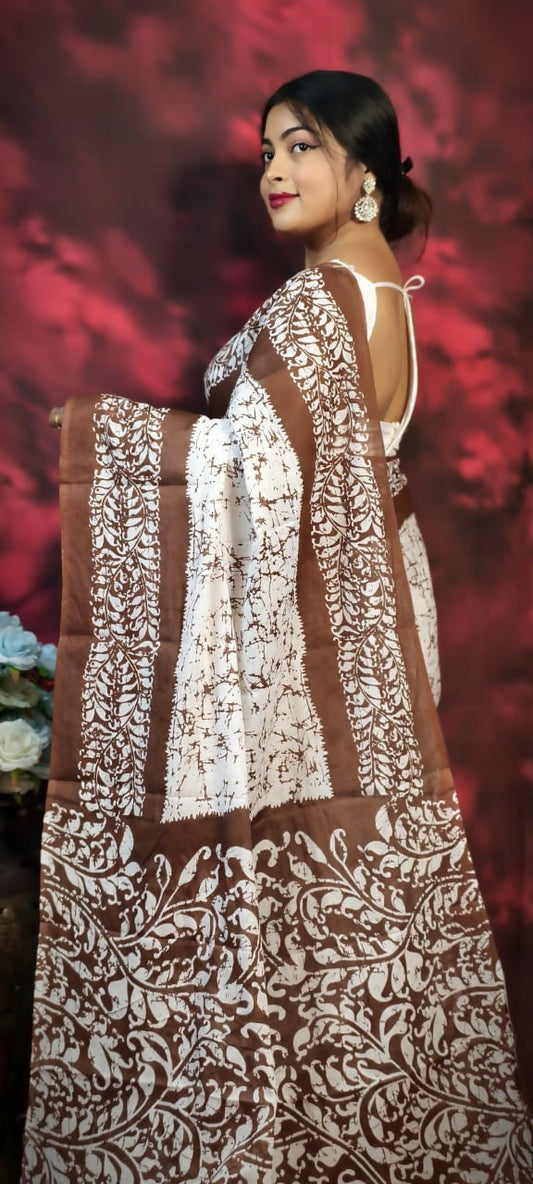 Exclusive Collection Beautiful Batique Print Brown Pure Cotton Hand Print Handloom Grab2Buy With Running Blouse Piece 