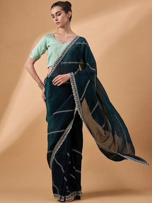 Blue Muslin Embroidered Saree with Unstitched Blouse Piece - Satya