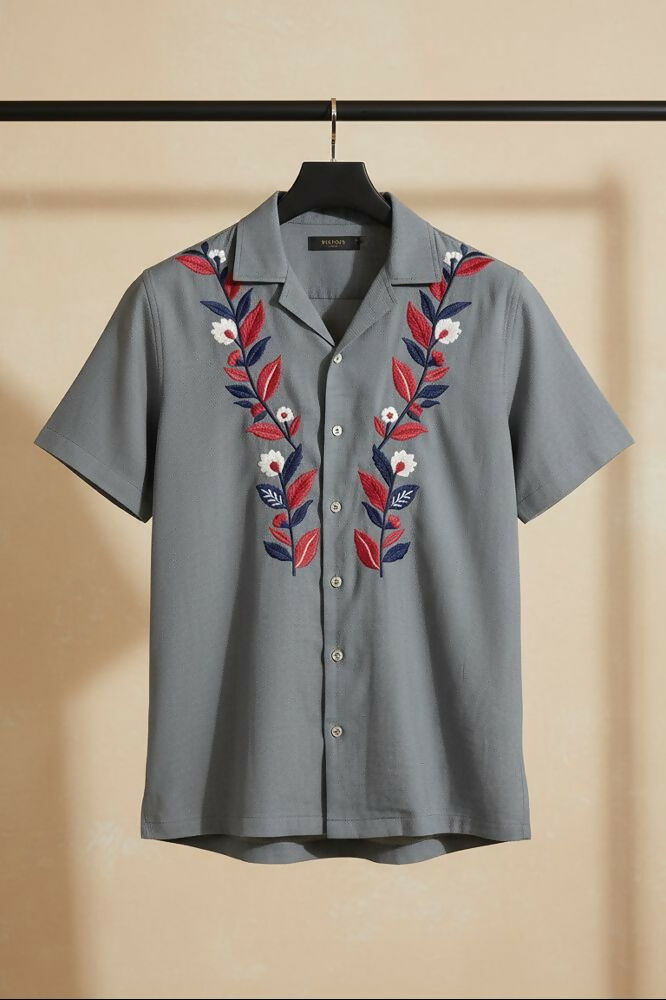 Sunduo — Grey Dual Floral Embroidered Cotton Shirt by Hilo Design