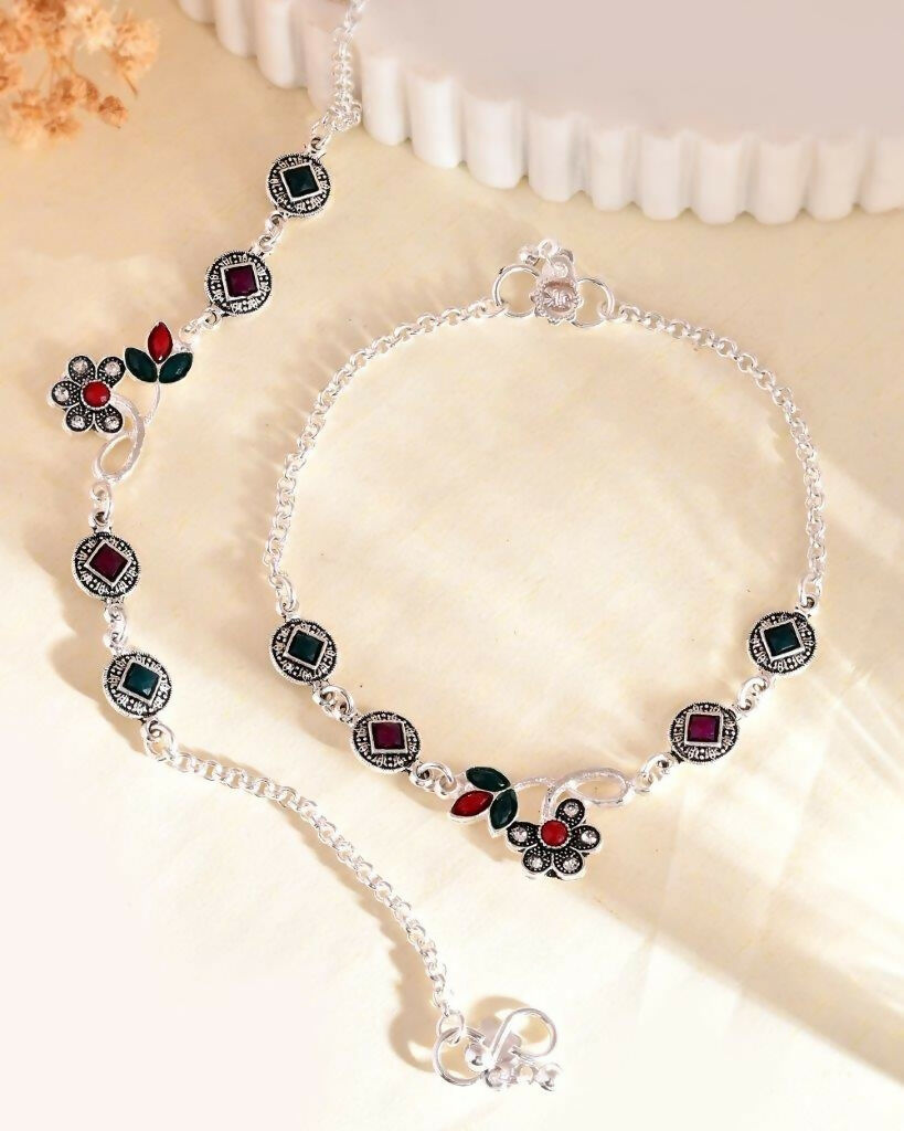VOJ Set of 2 Traditional Multi Color Stone Studded Designer Anklet 