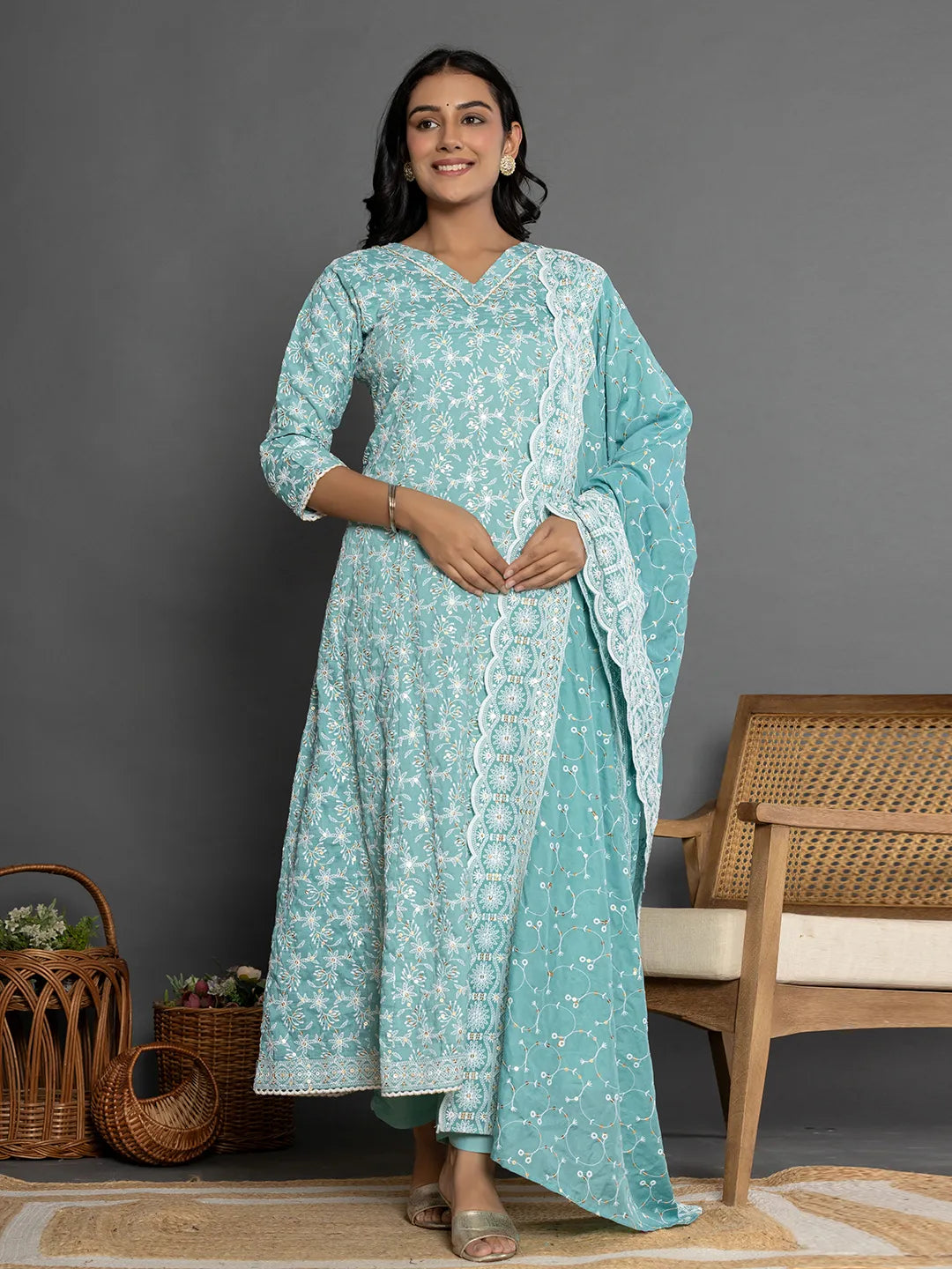 Yufta Sea Green Cotton Silk Embroidered Anarkali Kurta Dupatta Set | Grab2Buy