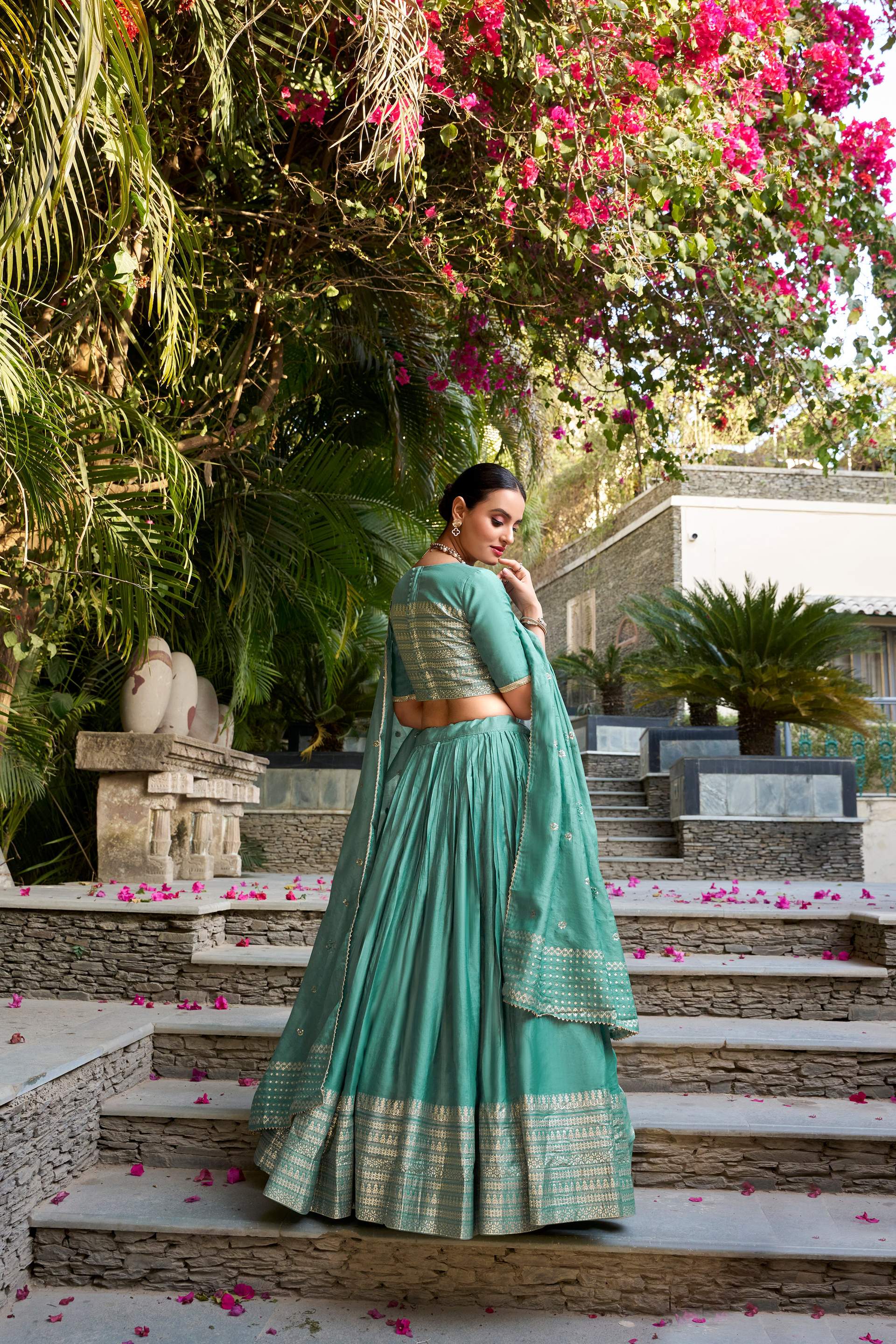 Evanik Women Pure Chanderi Plain With Zari Weaving Work Border Stitched Lehenga With Unstitched Blouse Dupatta(Up to 42)
