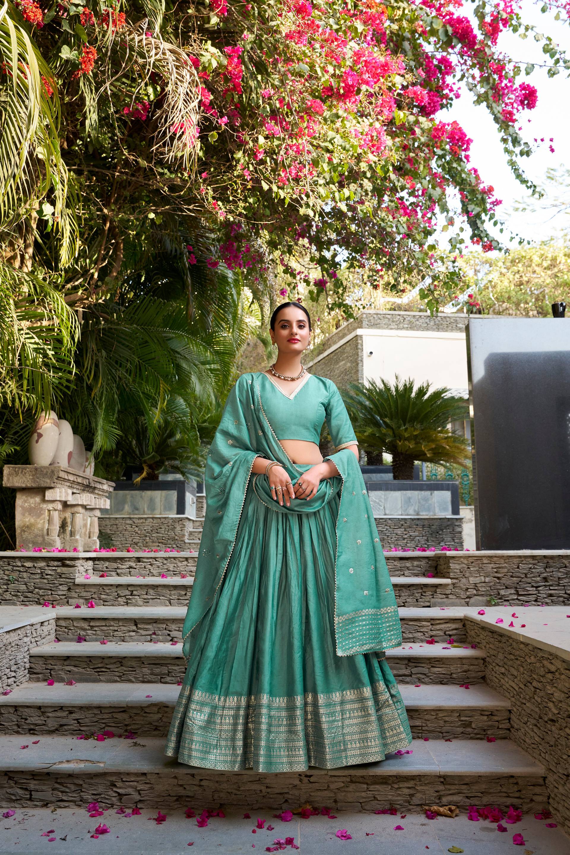 Evanik Women Pure Chanderi Plain With Zari Weaving Work Border Stitched Lehenga With Unstitched Blouse Dupatta(Up to 42)