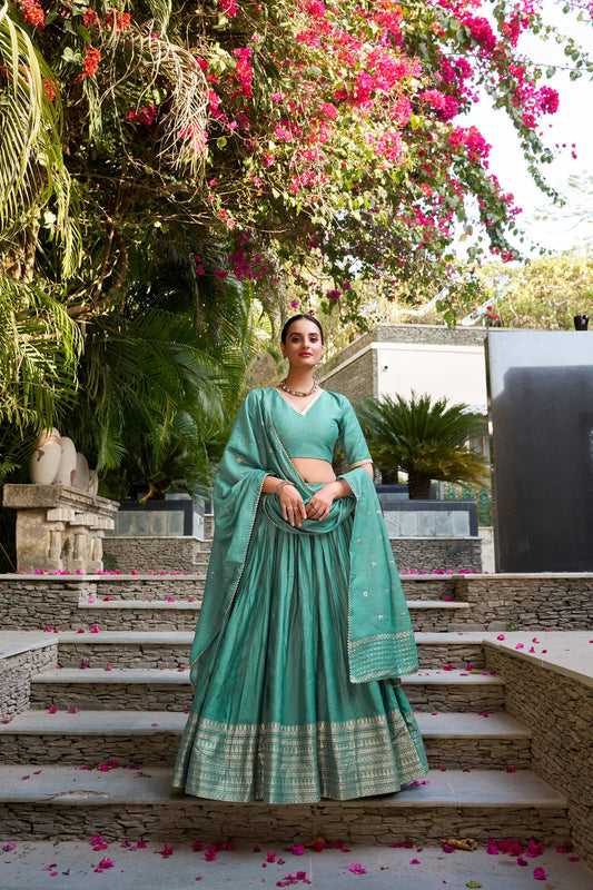 Evanik Women Pure Chanderi Plain With Zari Weaving Work Border Stitched Lehenga With Unstitched Blouse Dupatta(Up to 42)