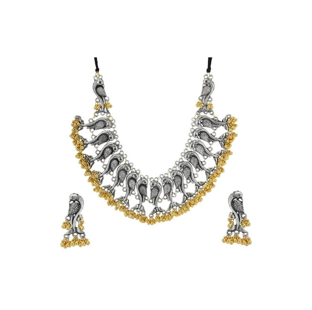 Parrot Design Choker Necklace Set With Golden Ghungoo