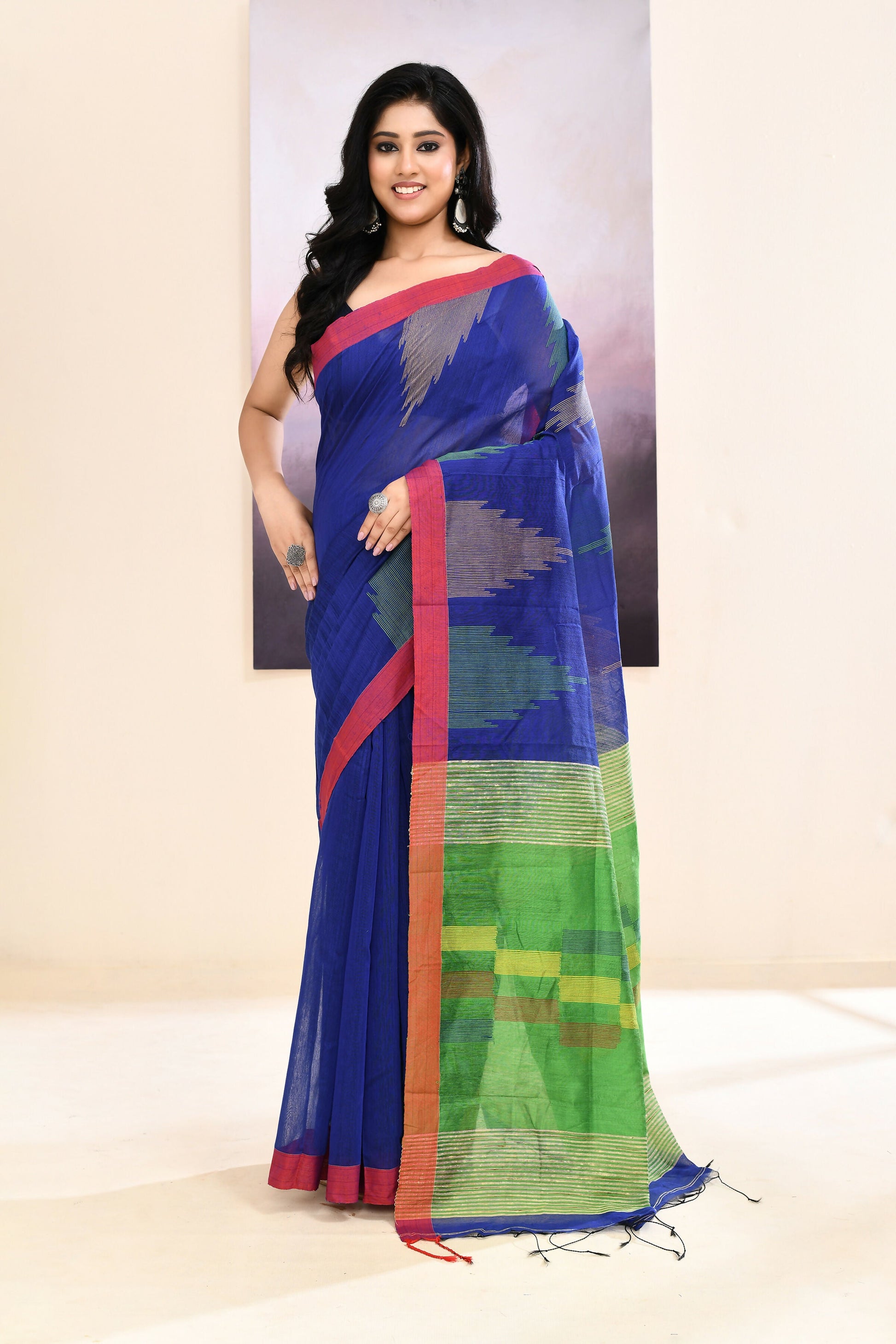 Piyari Fashion Women's Blue Temple Border Embellished Cotton Blend Jamdani Saree