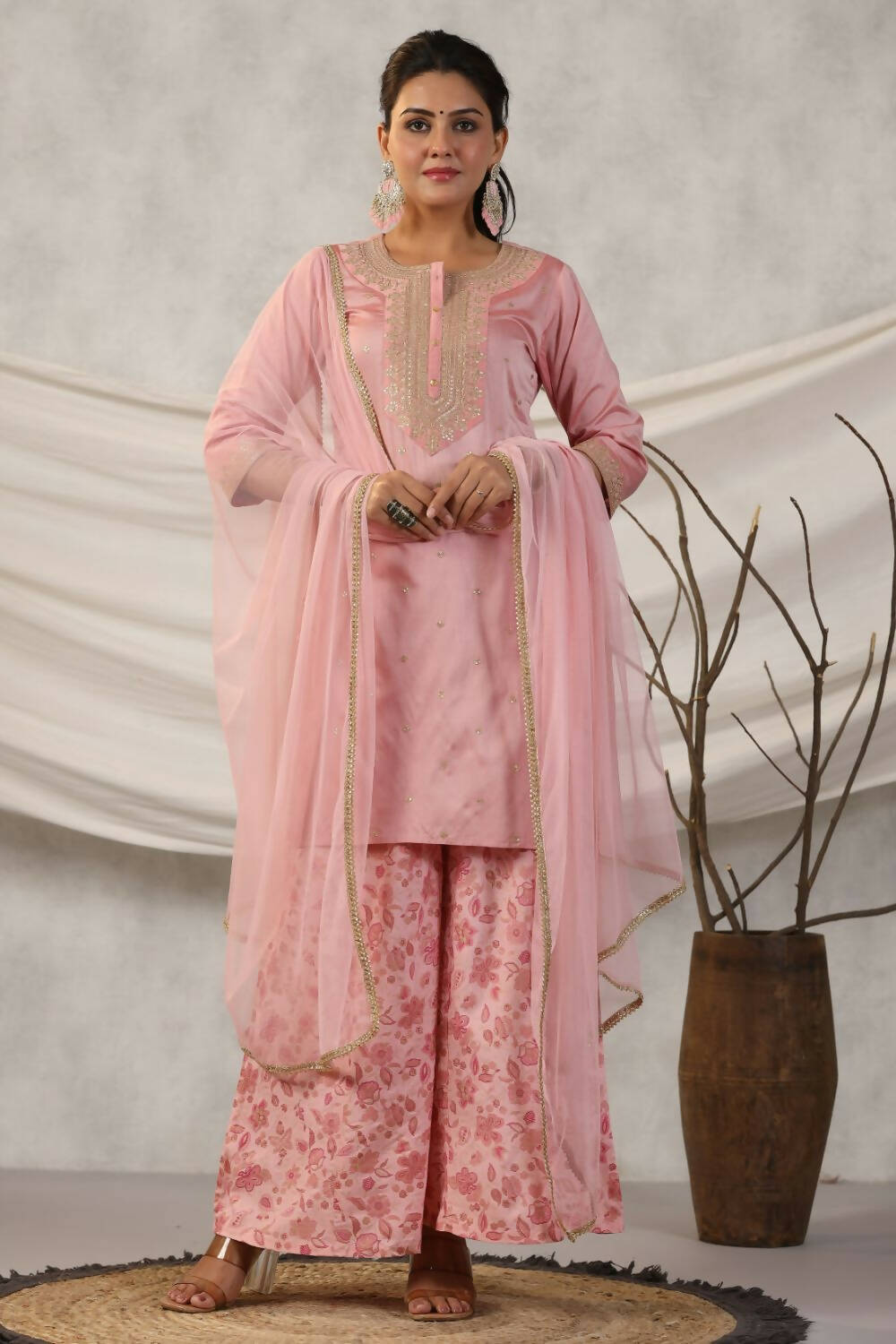 Juniper Women Peach Embroidered Kurta, Pants and Dupatta Set