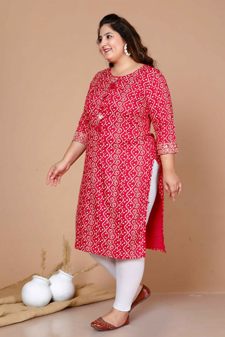 Miravan Women's Plus Size Pink Bandhani Pakistani Straight Kurti 