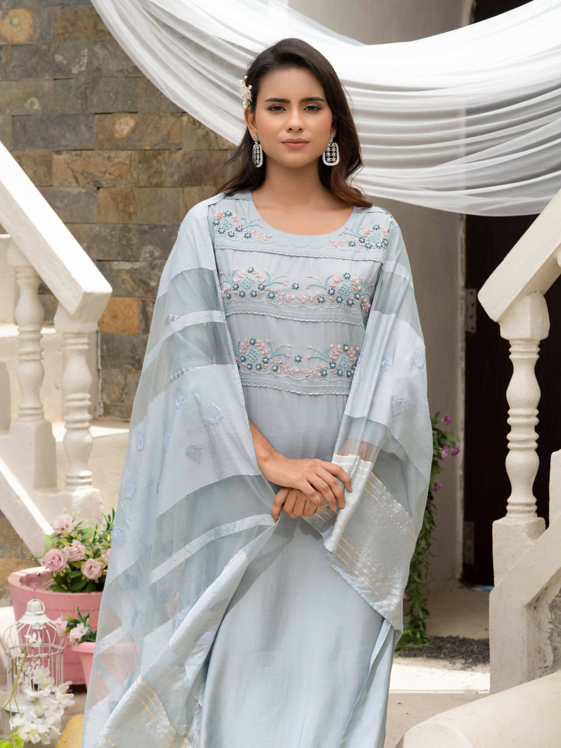 Light Blue Roman Silk Plain Kurta with Pant & Dupatta - Disha