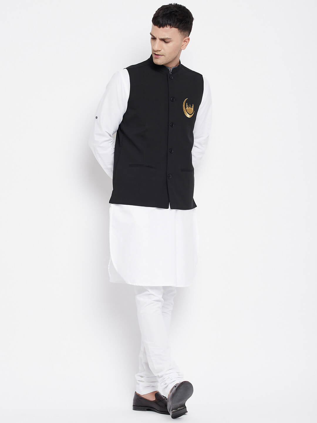 Even Apparels Black Pure Cotton Nehru Jacket With Eid Insignia NJ-PW668-CHA 
