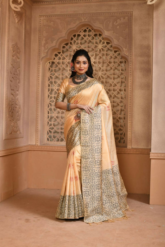 Vishnu Weaves Women's Cream Handloom Raw Silk Woven Border Grab2Buy with Unstitched Blouse