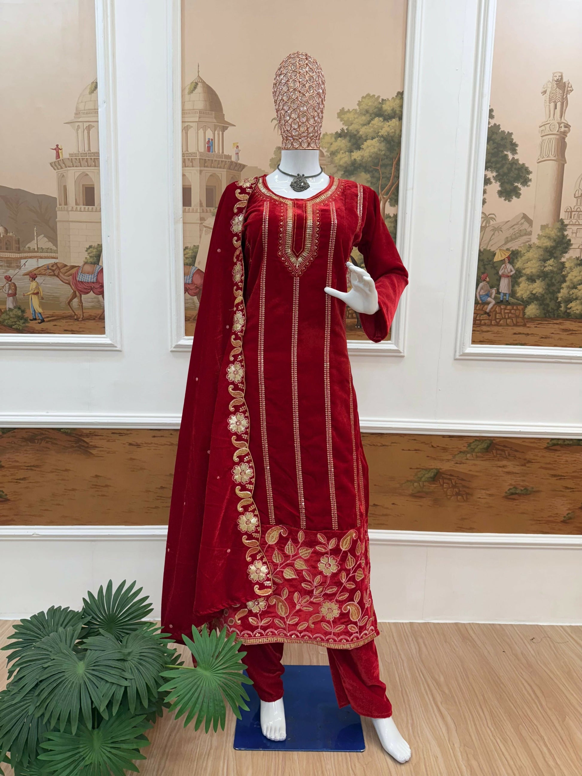 Teeya Creation Red Color Velvet Designer Embroidery Work party Wear Suit