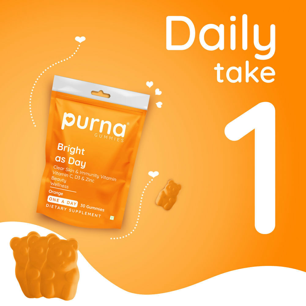 Purna Gummies Vitamin C Orange Gummies with Vitamin D3, and Zinc for Immunity & Clear Skin 