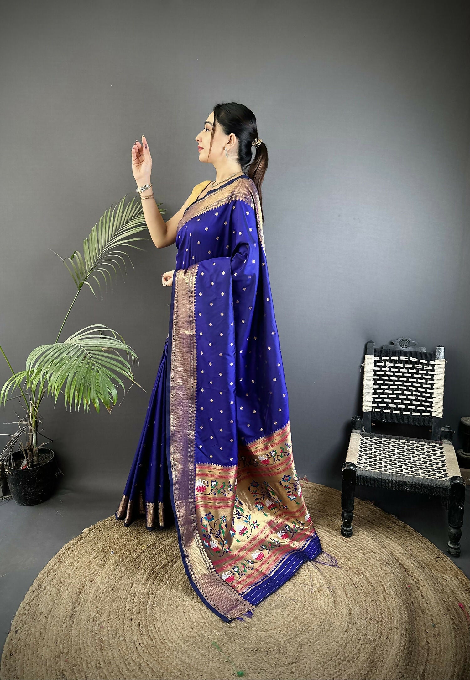 Joban Fashion Royal Blue Butti Woven Soft Lichi Silk Paithani Saree