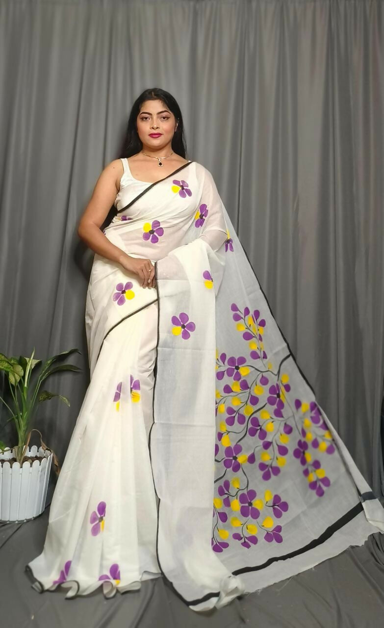 Exclusive Collection Beautiful White Purple Pure Cotton Hand Print Handloom Grab2Buy With Running Blouse Piece 