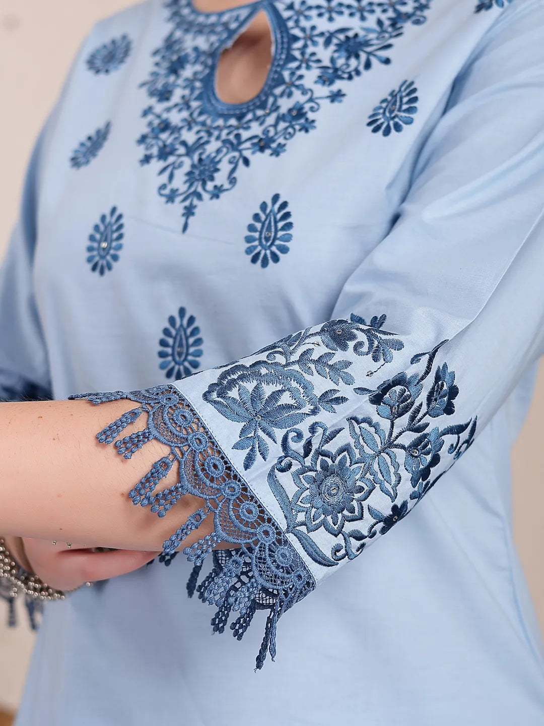 Yufta Sky Blue Solid Thread Work Straight Kurta Trouser Dupatta Set