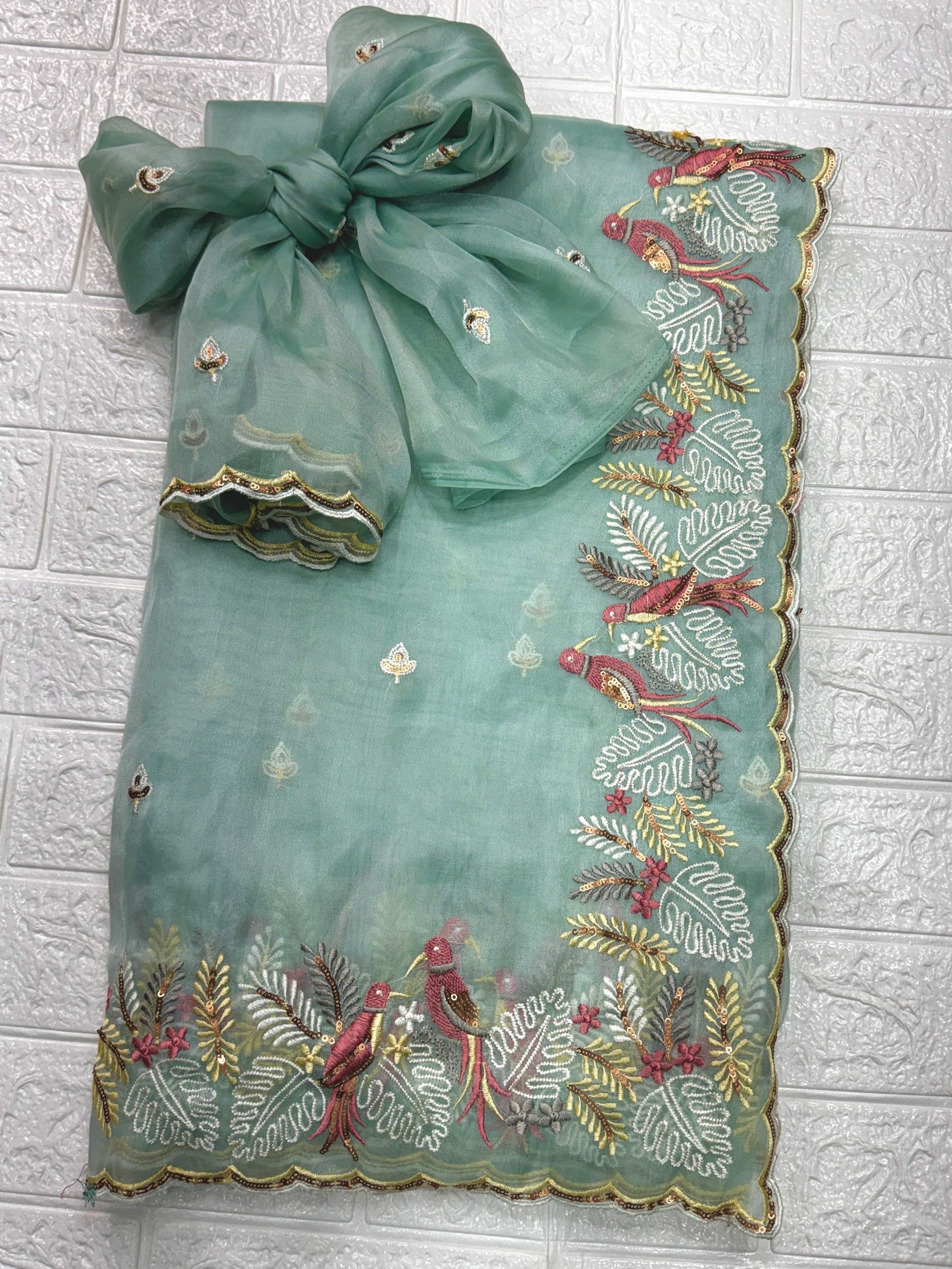 Evanik Leno Net Organza Embroidered Work Saree With Unstitched Blouse