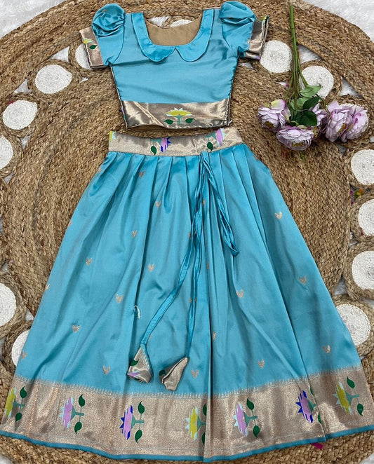 Evanik Blue Soft Silk Paithani Design Zari Weaving Pavadai Lehenga Choli For Kids
