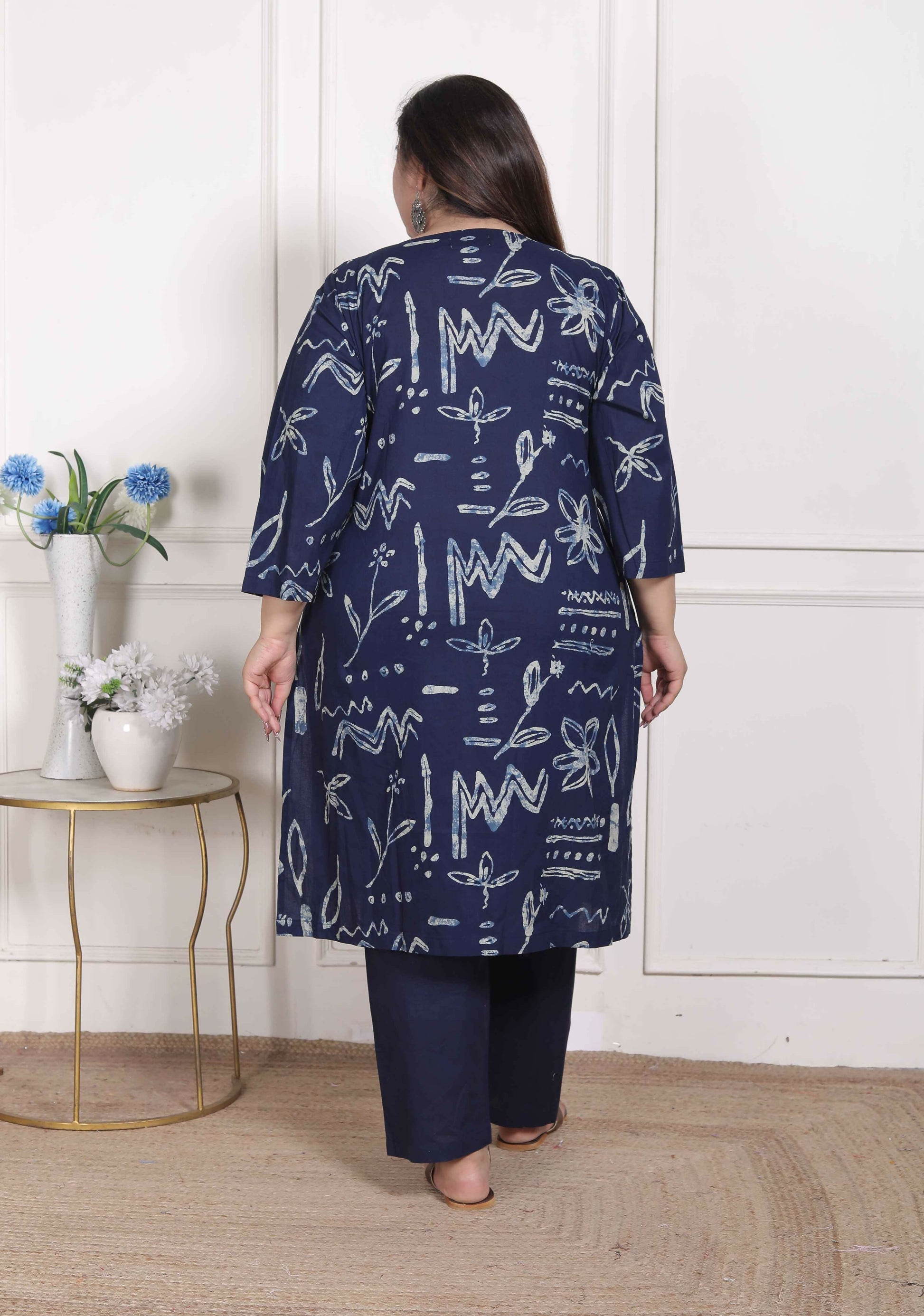 Miravan Women's Plus Size Abstract Printed Cotton Blue Kurta Set