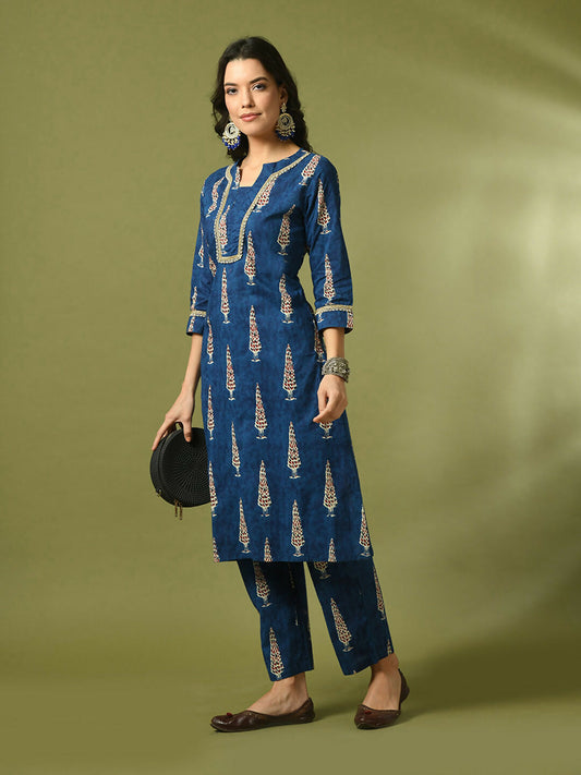 Myshka Women's Blue Printed Cotton Straight Party Kurta Set