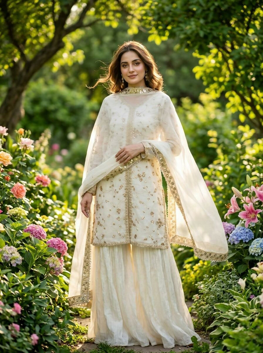 Teeya Creation Womens New Trendy Heavy Embroidery Work Kurta Palazzo Set - White