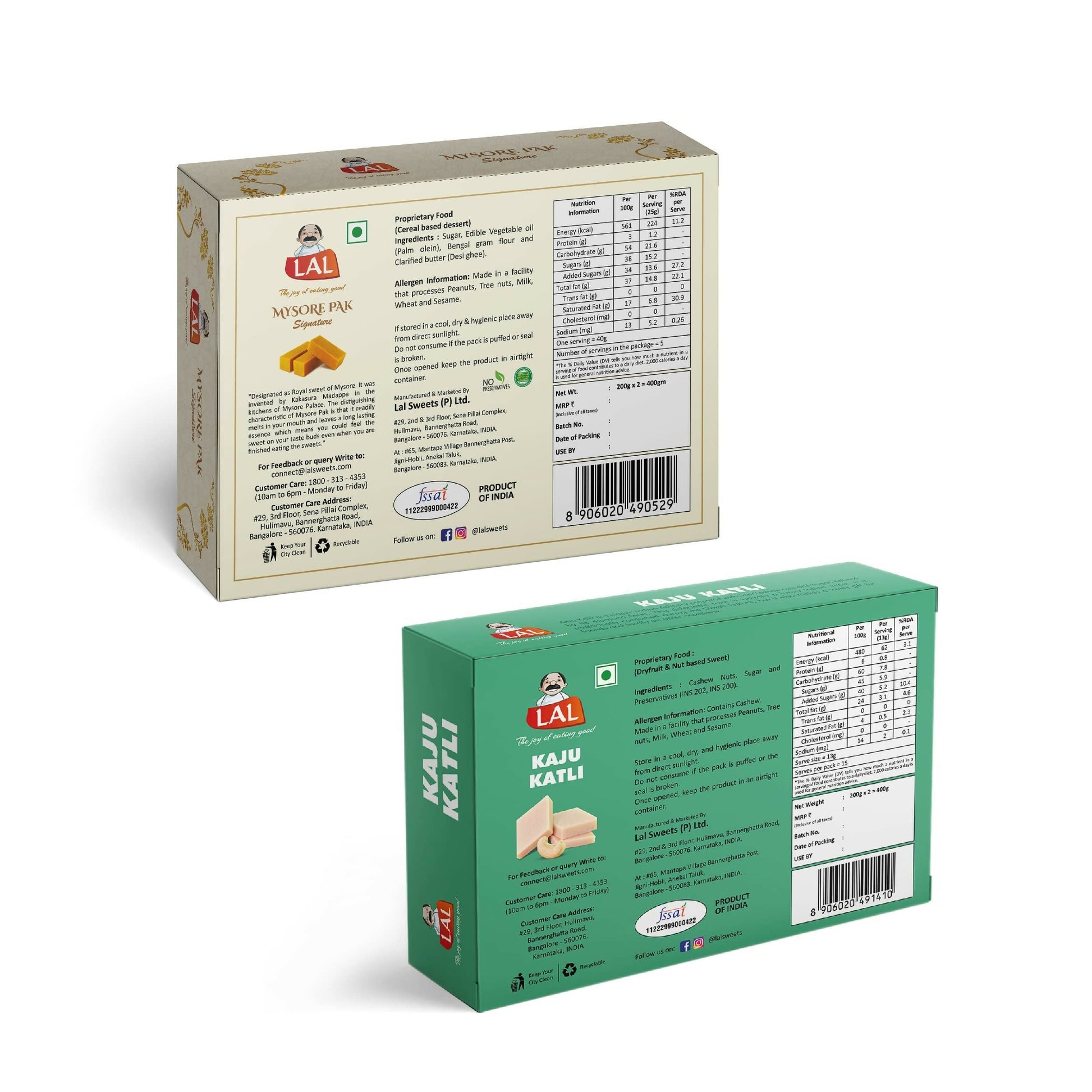 Lal Sweets Combo Pack - Mysore Pak Signature 400Gm And Kaju Katli 400 Gm Gift Pack | Desi Cow Ghee Indian Sweets | Mithai Box 