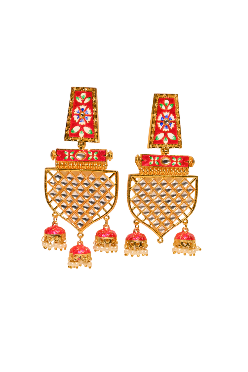 Traditional Gold-Plated Meenakari Red Jhumka Jhumki Earrings By House of Ree - Grab2buy