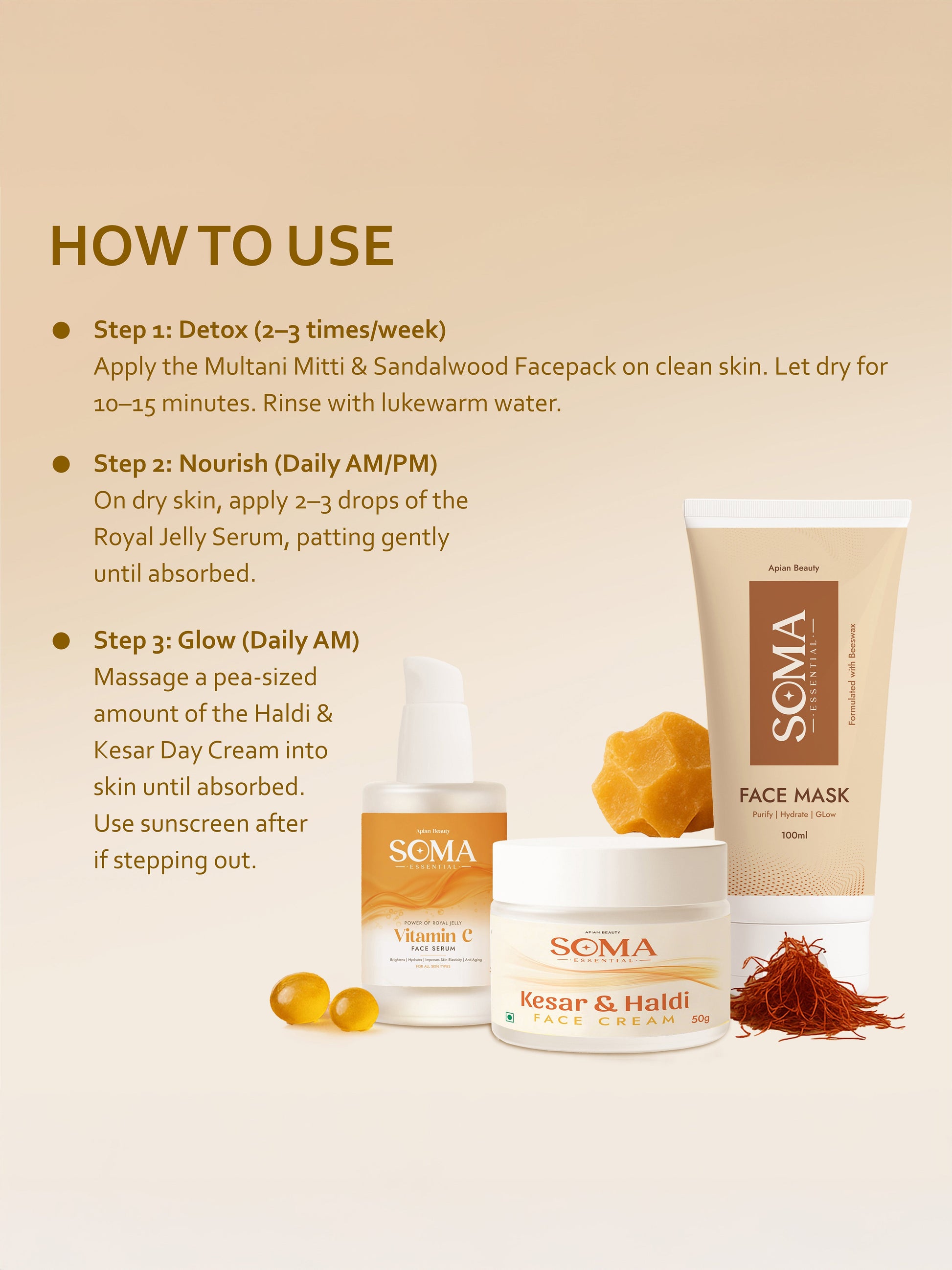 Soma Essential D-Tan Mask +  Royal Jelly Vitamin C Serum + Day cream For Weekly Glow