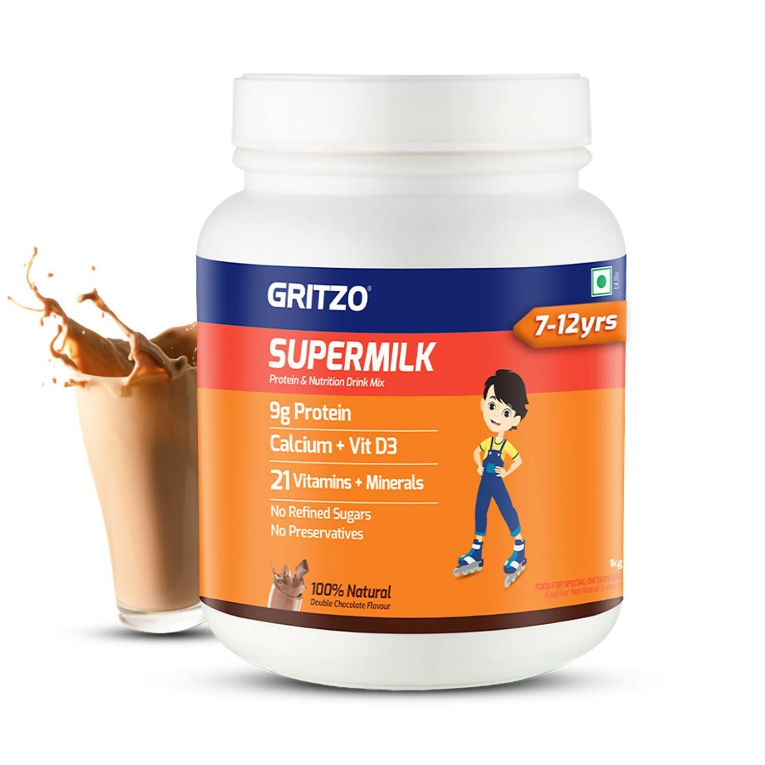 Gritzo SuperMilk Overall Growth (7-12y Boys), 9g Protein (Double Chocolate, Zero Refined Sugar, 20 Vitamins & Minerals