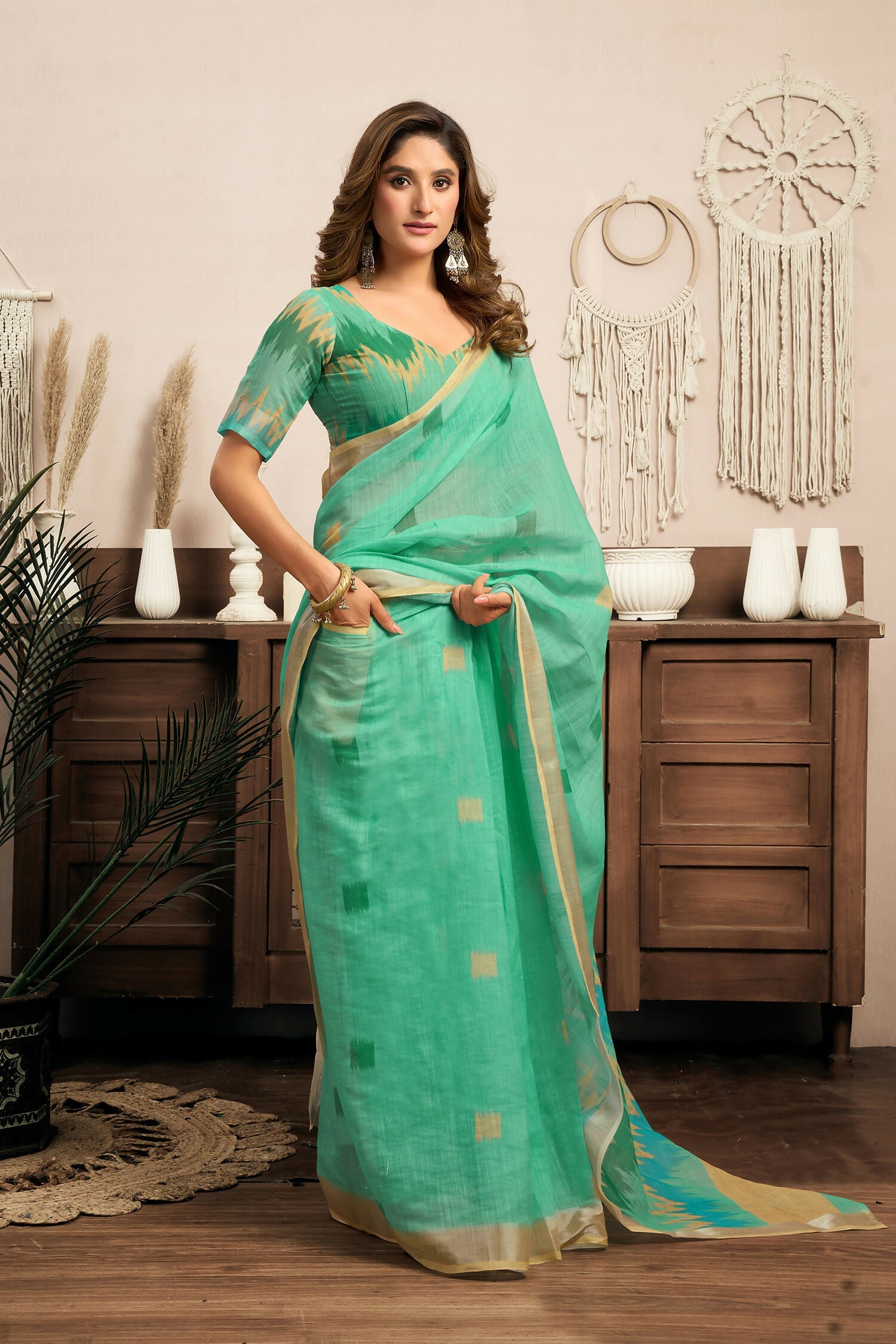 Joban Fashion Teal Green Ikkat Linen Ready To Wear Saree With Unstitched Blouse