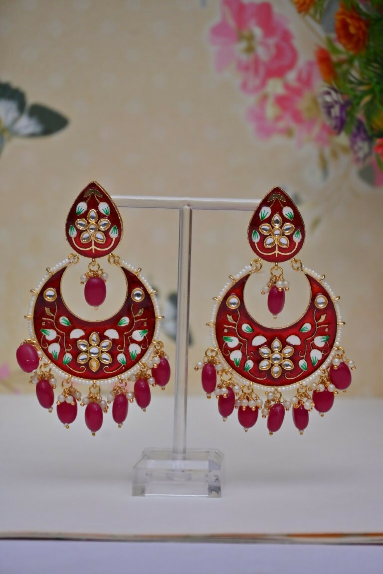 Red Gold-Polished Brass & Pearl Dangle Women Earrings| Hand Painted Meenakari Chandbali Traditional Ethnic Wear Earrings By House of Ree House of Ree