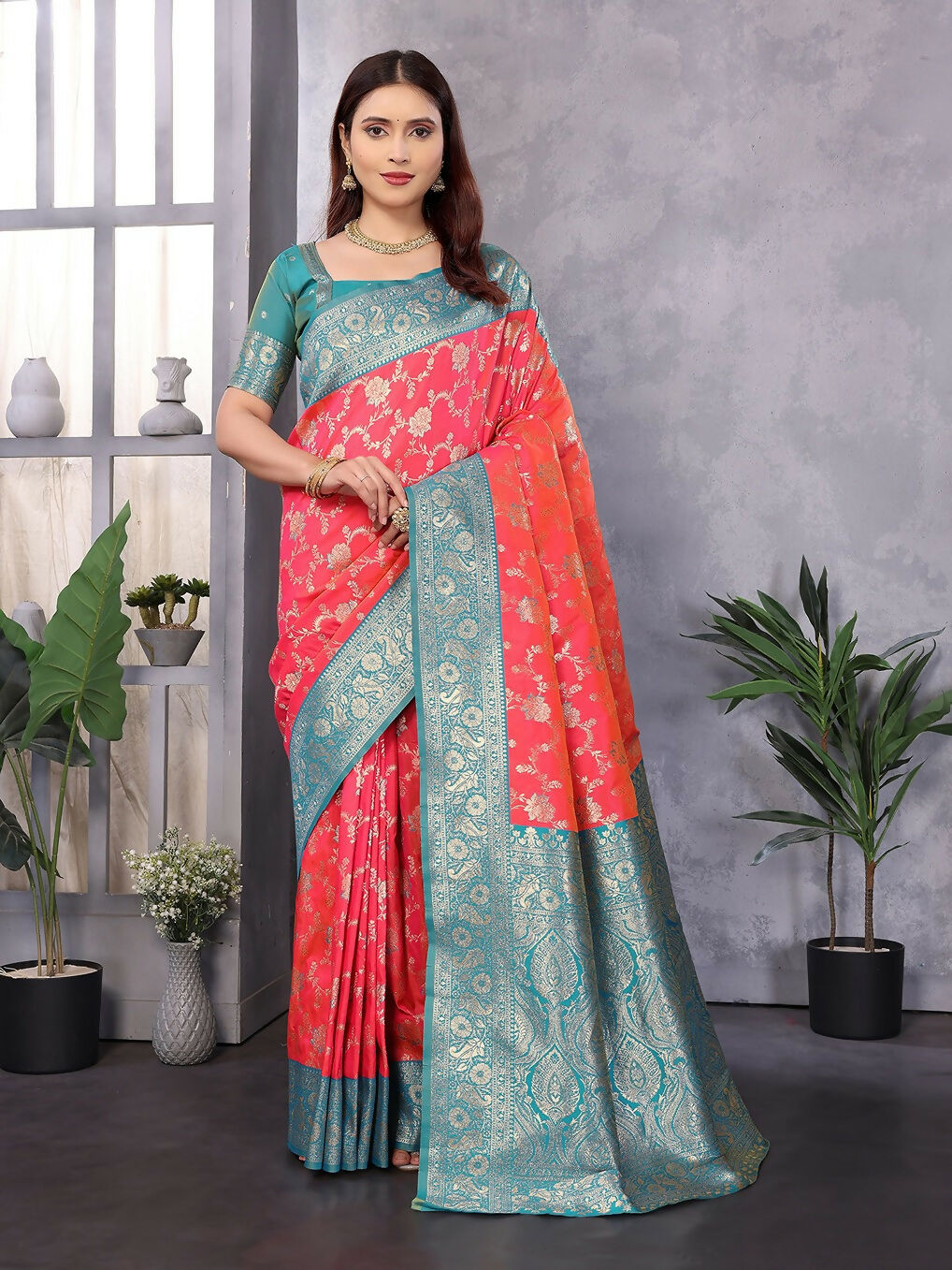 Joban Fashion Banarasi Peach Woven Soft Silk Saree | Swadesiicart