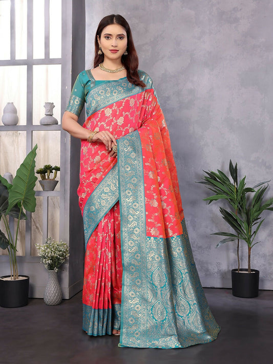 Joban Fashion Banarasi Peach Woven Soft Silk Saree | Swadesiicart