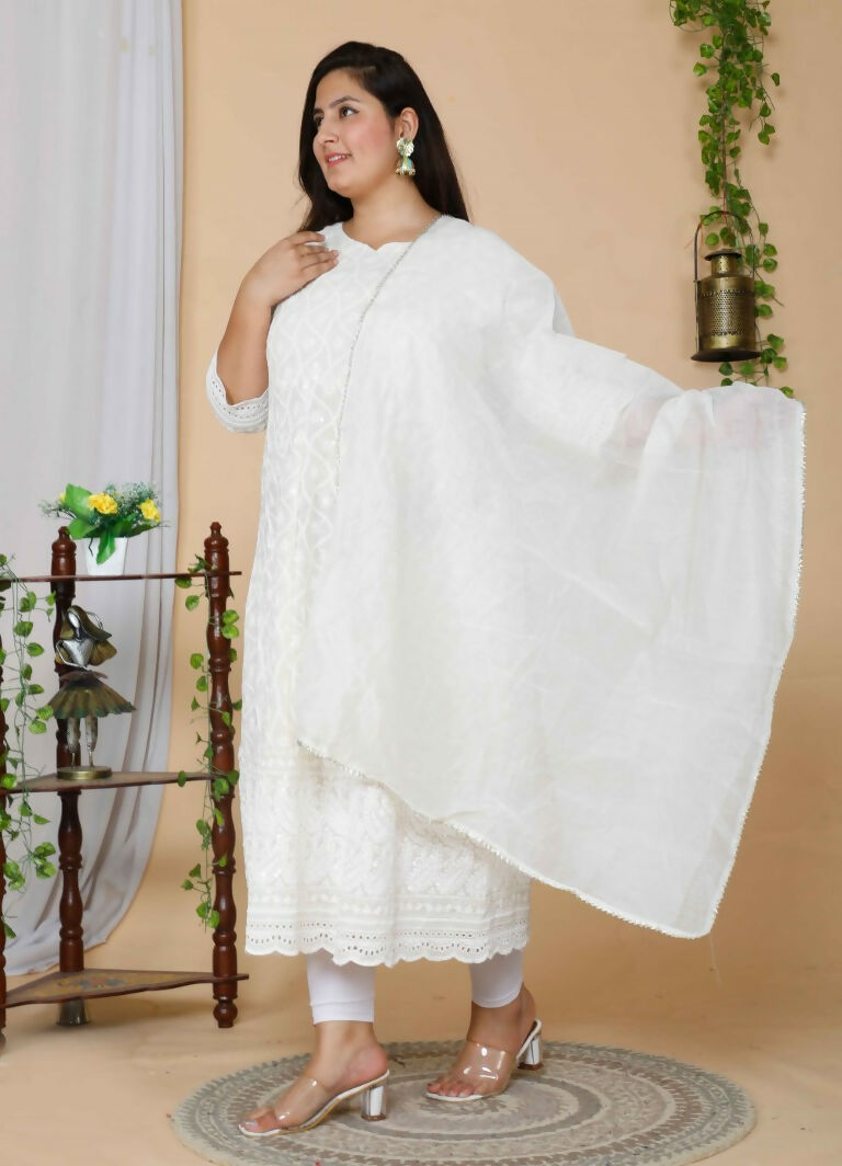 Miravan Women's Plus Size Beige Chikankari Thread Work Anarkali Kurta With Dupatta 