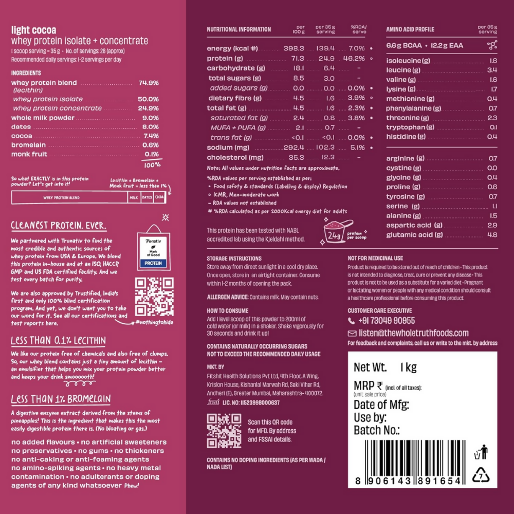 The Whole Truth Whey Protein Isolate+Concentrate - Light Cocoa  Grab2Buy The Whole Truth Grab2Buy