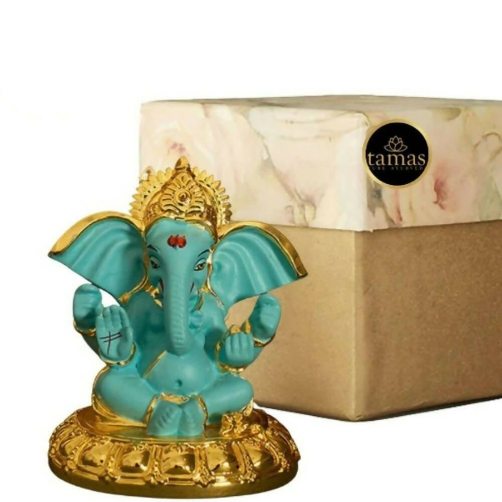 Tamas Gold-Polished Gaj Karna Ganesh Idol Flora Blue & Gold Color 
