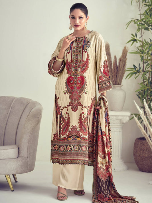Aastha Fashion Women's Beige Muslin Floral Digital Print with Resham Thread work Kurta with Trouser & Dupatta - Grab2buy