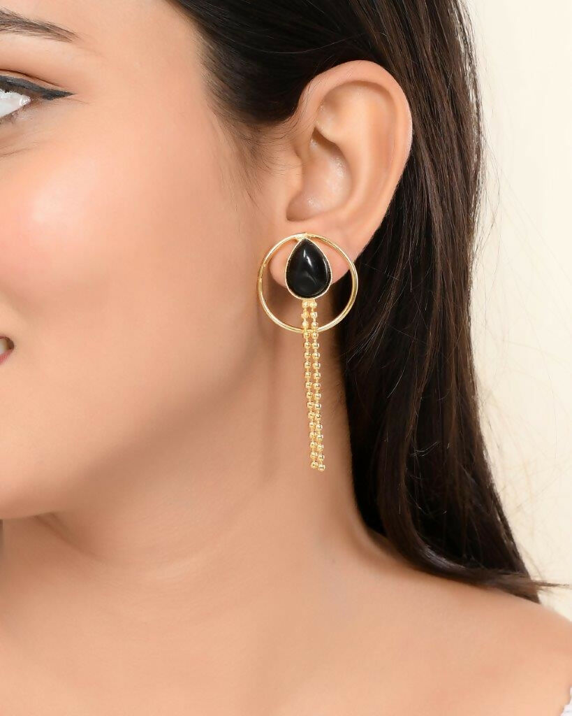 VOJ One Gram Gold Plated Drop Shaped Black Stone Studded Earrings - Grab2buy
